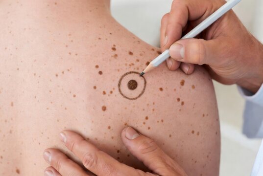 Doctor marking suspicious mole on patient&rsquo;s back with pencil for skin cancer screening, illustrating dermatology, melanoma detection, and medical examination