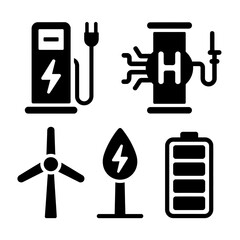 Icons representing various forms of renewable energy and electricity sources isolated on white background, Vector, illustration