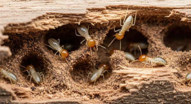 Closeup of termite colony inside rotten wood log with pale insects and tunnels visible