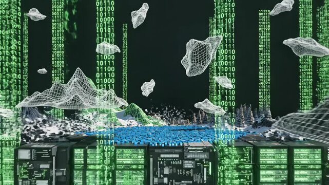 Serene mountain transformed into digital matrix with data flow transitioning from nature to technology