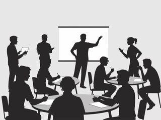 Business team collaborating in a modern office meeting with presentation tools isolated on white background, Vector, illustration