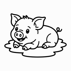 A cute cartoon pig lounging comfortably in a small muddy puddle. isolated on white background, Vector, illustration