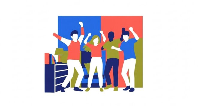Group of friends dancing joyfully in dorm room, minimalist geometric negative space design, flat bold colors