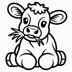 A charming black and white illustration of a sitting cow with a cheerful expression isolated on white background, Vector, illustration