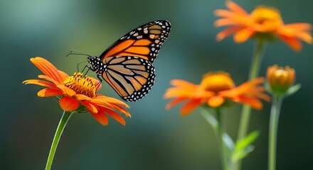 Obraz premium Monarch butterfly feeding on vibrant orange flowers in a garden