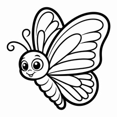 A cheerful cartoon butterfly with a smiling face and curled antennae in mid-flight isolated on white background, Vector, illustration