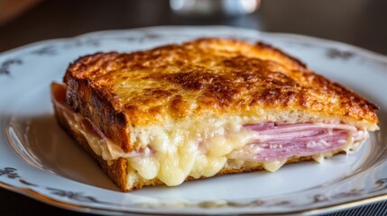 Delicious golden grilled cheese sandwich with layers of melted cheese and ham on a vintage plate with a soft focus background, perfect for food lovers
