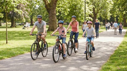 Fototapeta premium Happy family cycling in sunny city park, parents and children riding bicycles on paved path, active weekend recreation for summer travel and Fathers Day
