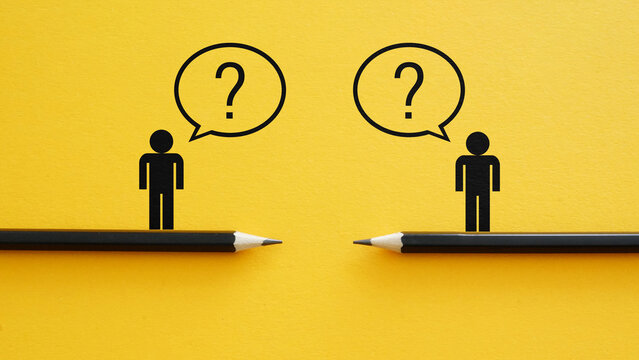 Communication Gap and Misunderstanding Concept with Question Marks Between Two People. Dialogue Breakdown, Lack of Information and Business Uncertainty