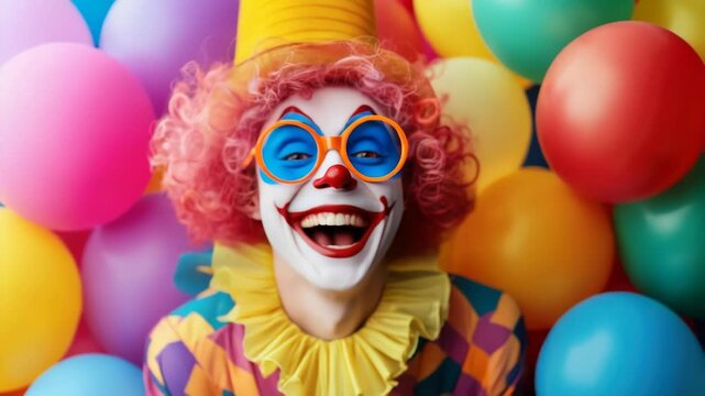 Funny clown surrounded by bright balloons, ideal for April Fools' Day promotions. Banner with festive atmosphere.
