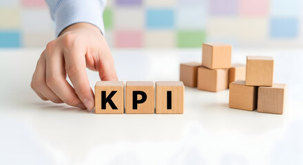 Wooden KPI blocks being organized by a hand, strategic planning and monitoring concept, pastel blurred background, minimalist business visual
