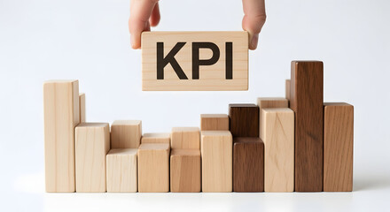 Human hand holding a KPI wooden block above arranged blocks, evaluation and analysis theme, bright blur background, modern corporate aesthetic