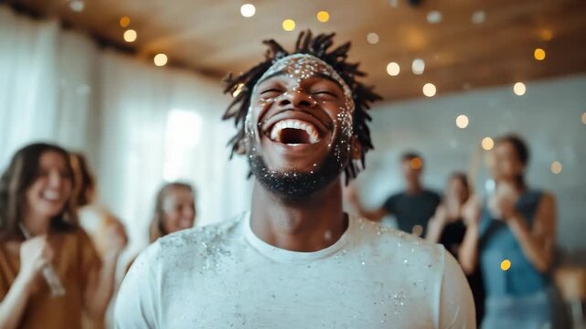 Surprised man enjoying a playful moment filled with silly string and laughter among joyful friends during a fun April Fool's Day celebration