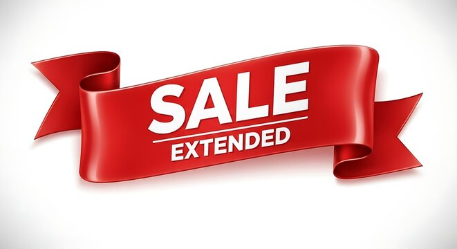 Red ribbon banner with the word SALE EXTENDED in white text, announcing an extended sale event