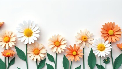 Obraz premium Paper daisies in white orange and peach hues arranged in a line. Delicate floral elements with green stems and leaves create a charming spring or summer border design.