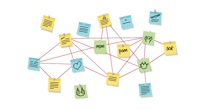 Dynamic network of colorful sticky notes with doodles, pinned and interconnected by red lines, on a white background.