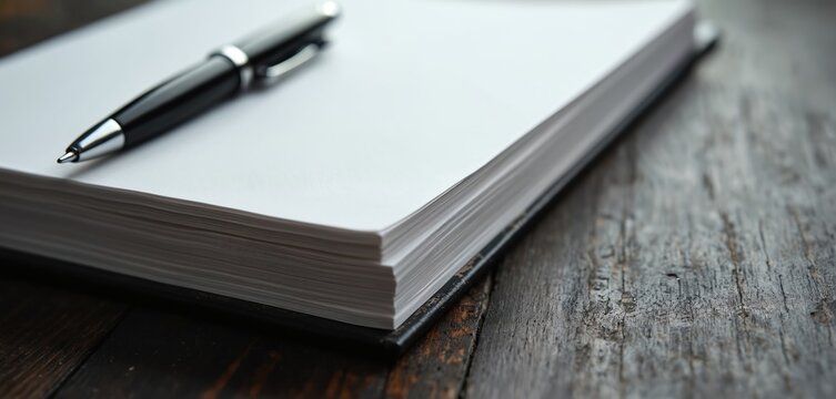 Black pen rests on stack of white paper sheets on dark wood table. Close-up view of stationery for notes, writing, or office work. Simple, neat arrangement offers clean background.