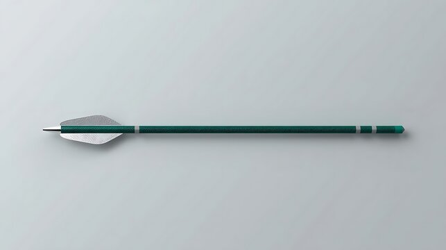Minimalist studio shot of a lone archery arrow resting diagonally, polished silver arrowhead catching soft highlights, emerald-green fletching with fine texture detail on a clean neutral background