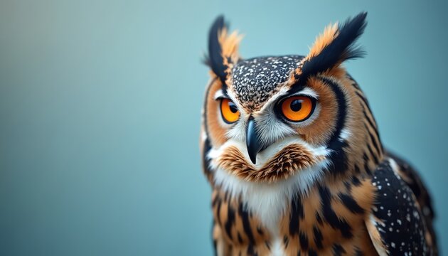 Close up on large owl with bright orange eyes. Bird has brown and white feathers and ear tufts. It looks forward with intense gaze. Owl sits against soft pastel blue background.