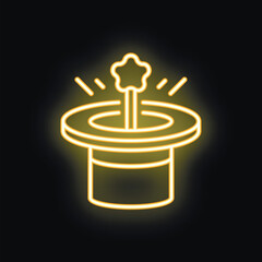 Naklejka premium Magic hat with magic wand appearing from it glowing in neon style on dark background