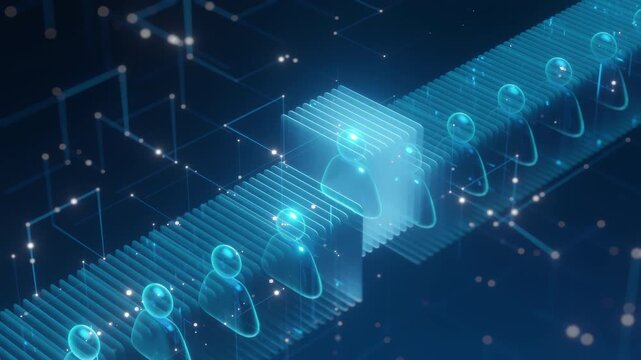 3D render futuristic digital identity row glowing blue human icons stack. Data management social network user profiles blockchain technology. Abstract big data human resources concept.