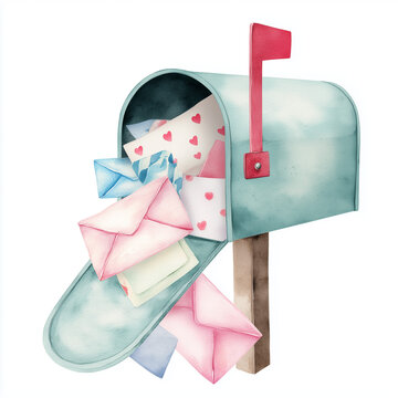 Verspielte Illustration eines Briefkastens mit herausfallenden Liebesbriefen und Umschl&auml;gen. Symbol f&uuml;r Nachrichten, Romantik, Kommunikation und pers&ouml;nliche Botschaften. Ideal f&uuml;r Design, Karten und S