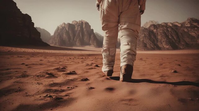 anastronaut walking across the Martian desert with towering Mars mountains in the background  4K