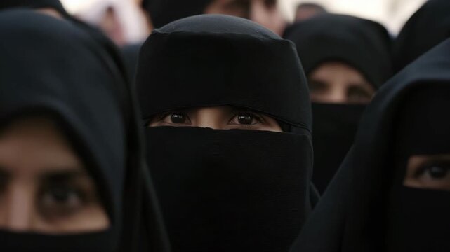 "Afghan women wearing black niqab with very tight crop on central subject, frame filled almost entirely by eyes and upper veil  4K