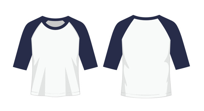 Front and back views of a classic white and navy blue 3/4 sleeve raglan t-shirt, presented flat lay