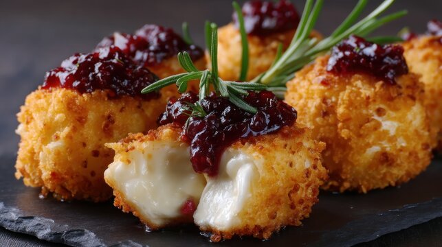 Crispy fried camembert bites with raspberry sauce and fresh rosemary.