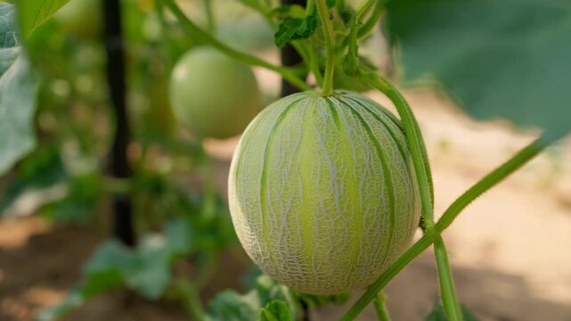 afresh green melon on vine with rustic farm garden background softly visible, melon skin showing subtle texture, pale light green 4K