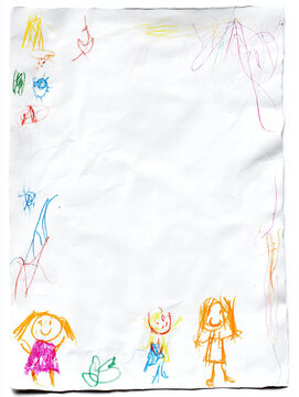 Bunte Kinderzeichnung mit gemalten Figuren und Rahmen auf wei&szlig;em Papier. Viel Freiraum f&uuml;r Text oder Gestaltung. Ideal f&uuml;r Schule, Kindergarten, Familie, Bildung, Einladungen und kreative Kinderprojek