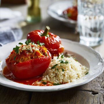 gef&uuml;llte Paprika, Paprikaschote, Reis, Hauptgericht, Essen, Gericht, Foodfotografie, Lebensmittel, K&uuml;che, Kochen, Rezept, Hausmannskost, vegetarisch, frisch, gesund, Genuss, rustikal, modern, Tellerge