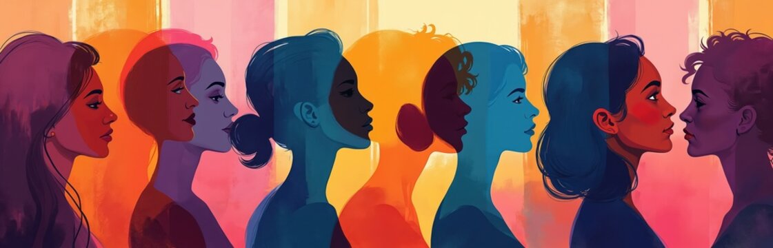 Diverse women faces in profile view, representing unity and strength in vibrant colors. Female group celebrates International Womens Day together. Sisterhood bond shown in abstract art style.