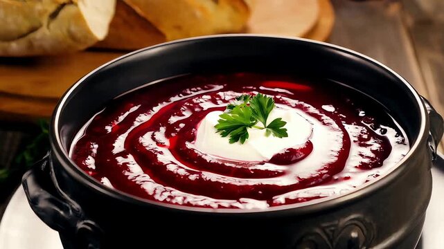 Rich red beetroot borscht soup in black ceramic bowl with swirl of white sour cream and green parsley representing traditional eastern european cuisine