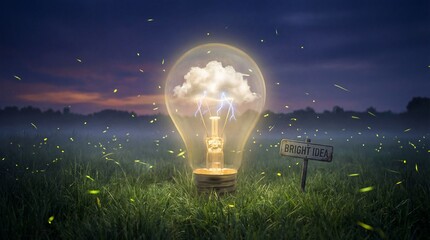 Bright idea lightbulb with storm cloud and fireflies in grassy field
