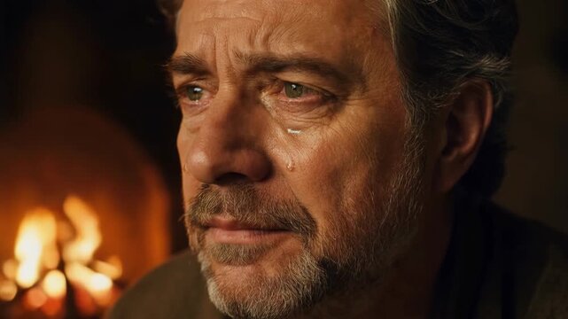 Man with tearful eyes contemplating by the fire, a biblical scene depicting Peters denial of Jesus with a rooster in the background.	