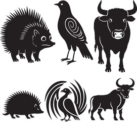 Obraz premium Collection of black silhouette animal icons: a spiky hedgehog, a stylized bird, and a powerful bull.