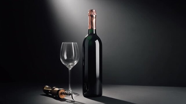 A bottle of dark wine with a copper foil cap, a wine glass, and a corkscrew on a dark surface with spotlight