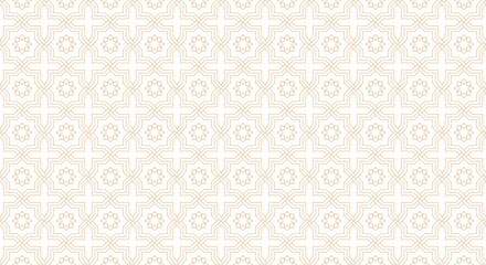 Golden lines white Ramadan background. Islamic geometric linear seamless pattern. Luxury Art Deco star and cross design.