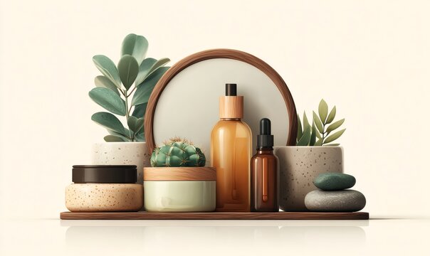 Organic skincare bottles and jars with green plants, cactus, and balanced spa stones on wooden shelf, promoting wellness and beauty concepts
