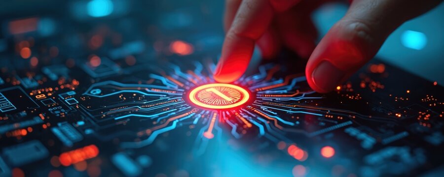 Hand touches glowing button on futuristic circuit board. Digital interface with vibrant lights symbolizes tech innovation and AI testing. Advanced system activation or data process.