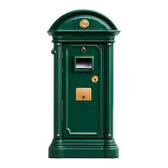 Green postal mailbox with gold accents on white background isolated on a transparent background