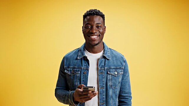 African American man in denim jacket using smartphone. He looks at screen then smiles at camera against bright yellow background. Positive vibes for mobile app or social media advertising.