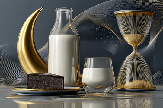 AI-generated illustration of a simple midnight snack still life, with a slice of cake, a milk bottle, a glass of milk and an hourglass