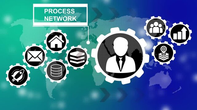 Process Network Diagram with Global Map Background digital performance icons showing teamwork, speed, goals, and key performance indicator tracking.