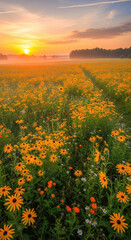 Fototapeta premium Golden sunrise over a field of blooming black-eyed Susans and wildflowers
