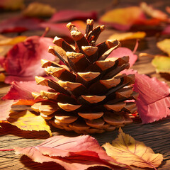 Pinecone surrounded by colorful autumn leaves nature isolated on a transparent background