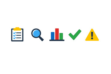 Fototapeta premium Icons show checklist, magnifying glass, bar graph, checkmark, and warning sign in a simple style