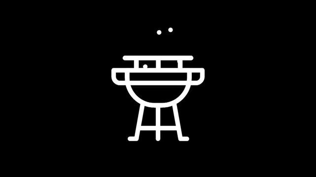 Simple white line art icon of a barbecue grill on a black background